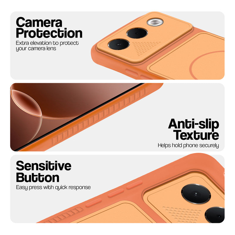 Orange phone case for Oppo F35 5G showing camera safety edges, anti slip side grip and easy press button covers.