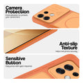 Orange phone case for Oppo F35 Pro 5G showing camera safety edges, anti slip side grip and easy press button covers.