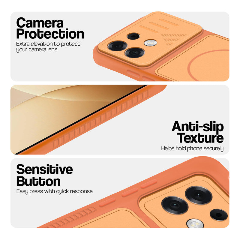 Orange phone case for Oppo F35 Pro 5G showing camera safety edges, anti slip side grip and easy press button covers.