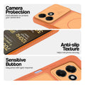 Orange phone case for OPPO K14 Lite 5G showing camera safety edges, anti slip side grip and easy press button covers.