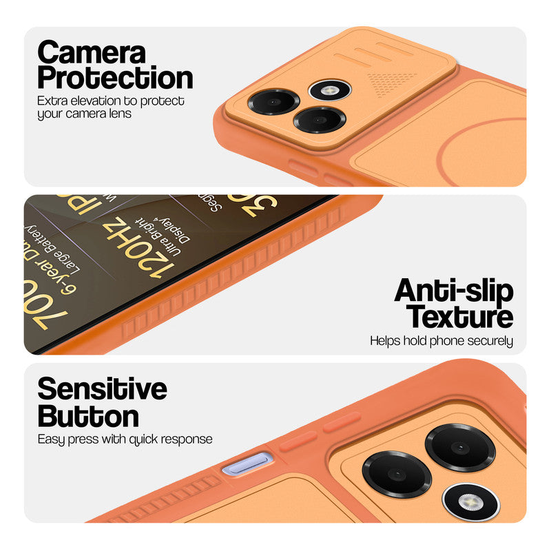Orange phone case for OPPO K14 Lite 5G showing camera safety edges, anti slip side grip and easy press button covers.