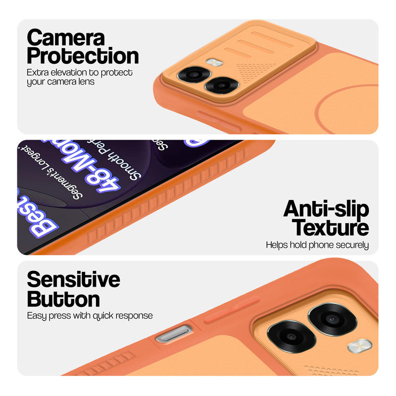 Orange phone case for Oppo K14x 5G showing camera safety edges, anti slip side grip and easy press button covers.