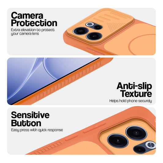 Orange phone case for Oppo Reno 15C 5G showing camera safety edges, anti slip side grip and easy press button covers.