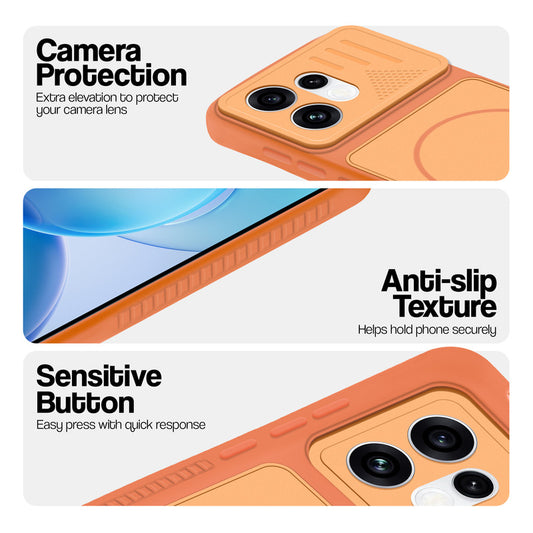 Orange phone case for Oppo Reno 16 5G showing camera safety edges, anti slip side grip and easy press button covers.