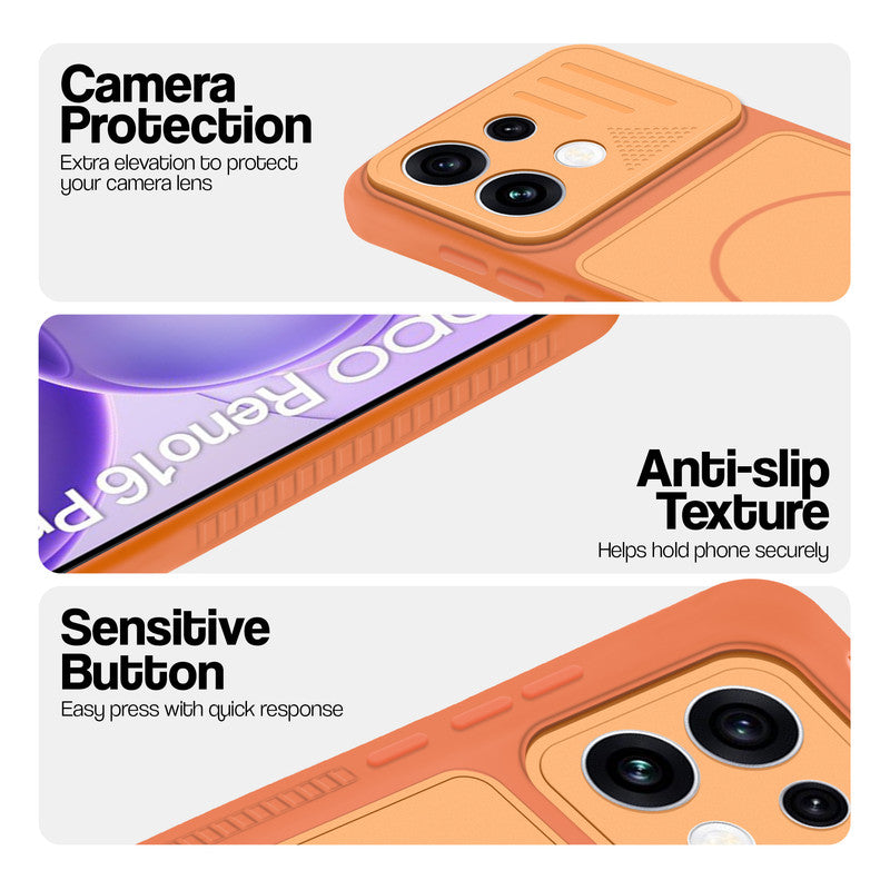 Orange phone case for Oppo Reno 16 Pro 5G showing camera safety edges, anti slip side grip and easy press button covers.