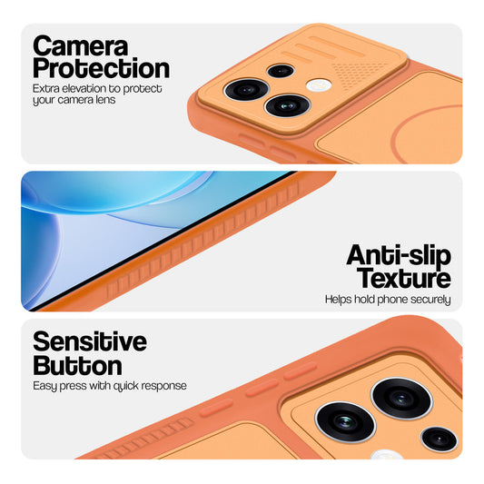 Orange phone case for Oppo Reno 16C 5G showing camera safety edges, anti slip side grip and easy press button covers.