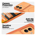 Orange phone case for POCO X8 5G showing camera safety edges, anti slip side grip and easy press button covers.