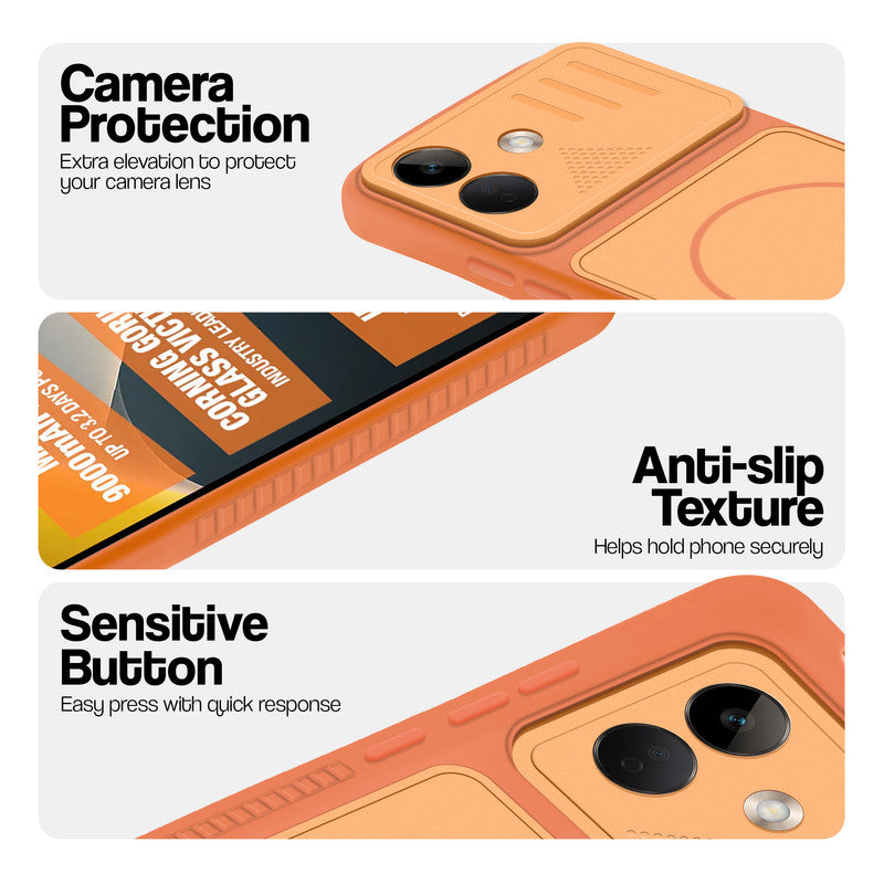 Orange phone case for POCO X8 5G showing camera safety edges, anti slip side grip and easy press button covers.