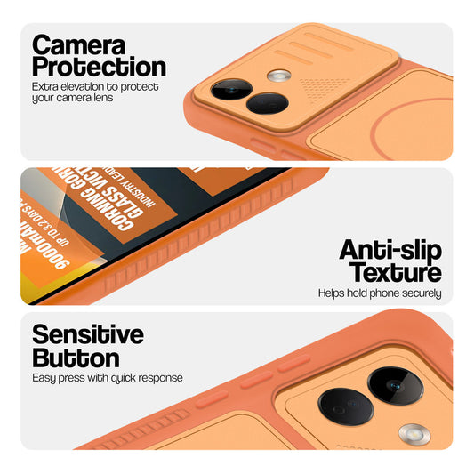 Orange phone case for POCO X8 5G showing camera safety edges, anti slip side grip and easy press button covers.