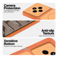 Orange phone case for Poco C75 5G showing camera safety edges, anti slip side grip and easy press button covers.