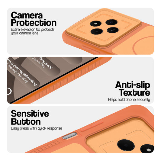 Orange phone case for Poco C75 5G showing camera safety edges, anti slip side grip and easy press button covers.
