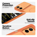 Orange phone case for Poco C81 4G showing camera safety edges, anti slip side grip and easy press button covers.