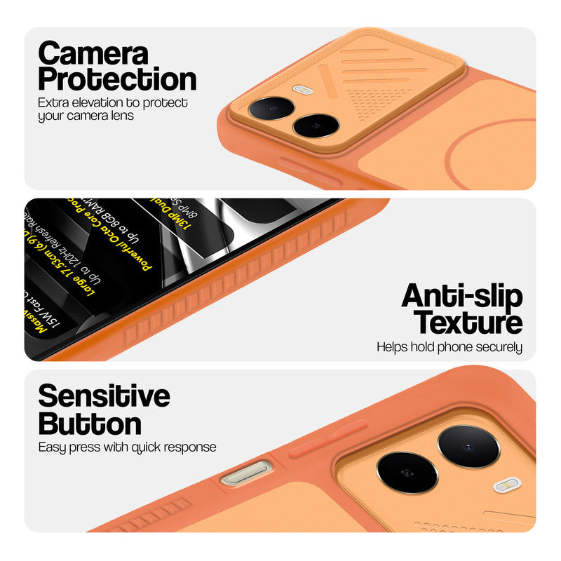 Orange phone case for Poco C81 4G showing camera safety edges, anti slip side grip and easy press button covers.