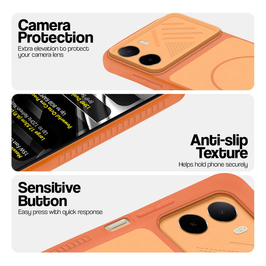 Orange phone case for Poco C81 4G showing camera safety edges, anti slip side grip and easy press button covers.