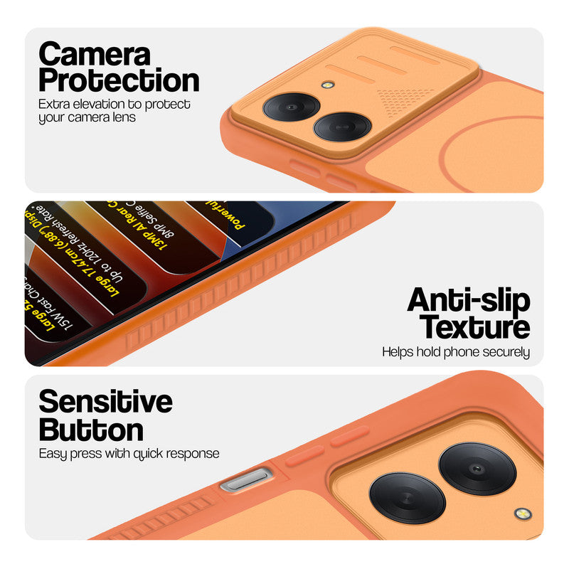 Orange phone case for Poco C81x 4G showing camera safety edges, anti slip side grip and easy press button covers.