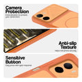 Orange phone case for Poco C85x 5G showing camera safety edges, anti slip side grip and easy press button covers.