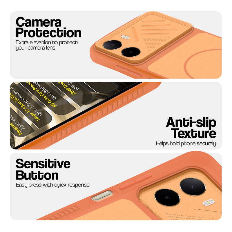 Orange phone case for Poco C85x 5G showing camera safety edges, anti slip side grip and easy press button covers.