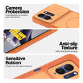 Orange phone case for Poco M8x 5G showing camera safety edges, anti slip side grip and easy press button covers.