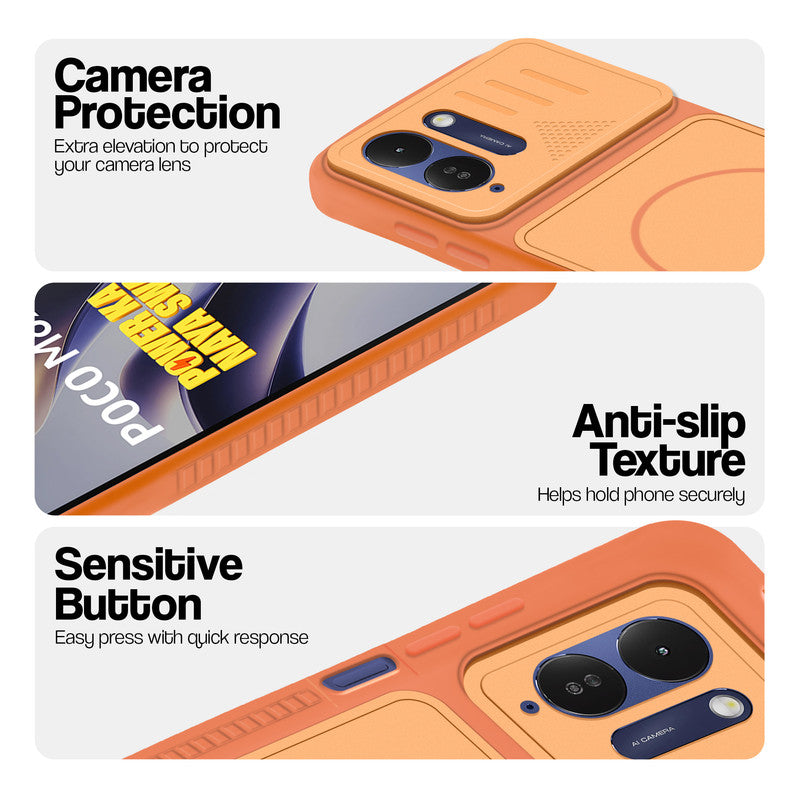 Orange phone case for Poco M8x 5G showing camera safety edges, anti slip side grip and easy press button covers.