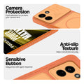 Orange phone case for Poco X8 Power 5G showing camera safety edges, anti slip side grip and easy press button covers.