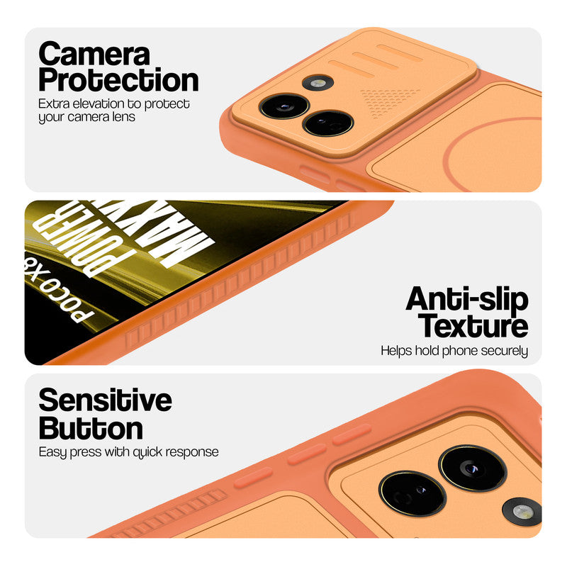 Orange phone case for Poco X8 Power 5G showing camera safety edges, anti slip side grip and easy press button covers.