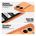 Orange phone case for Poco X8 Pro 5G showing camera safety edges, anti slip side grip and easy press button covers.