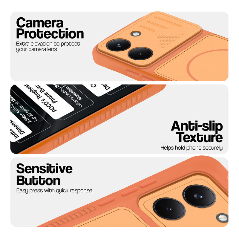 Orange phone case for Poco X8 Pro 5G showing camera safety edges, anti slip side grip and easy press button covers.