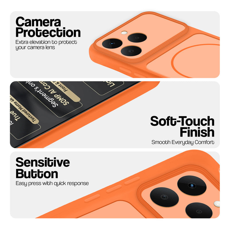 Orange phone case for Realme 15T 5Gshowing camera safety edges, anti slip side grip and easy press button covers.