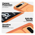 Orange phone case for Realme 16 5G showing camera safety edges, anti slip side grip and easy press button covers.