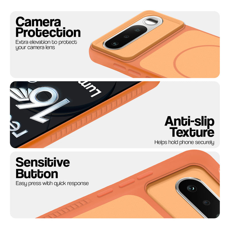 Orange phone case for Realme 16 5G showing camera safety edges, anti slip side grip and easy press button covers.