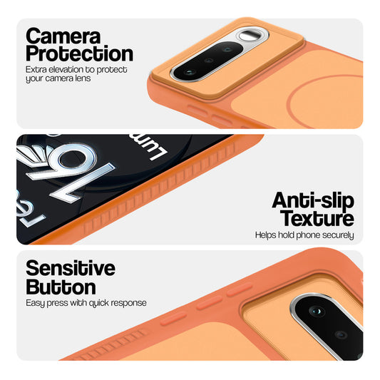 Orange phone case for Realme 16 5G showing camera safety edges, anti slip side grip and easy press button covers.