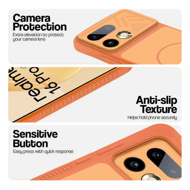 Orange phone case for Realme 16 Pro 5G showing camera safety edges, anti slip side grip and easy press button covers.
