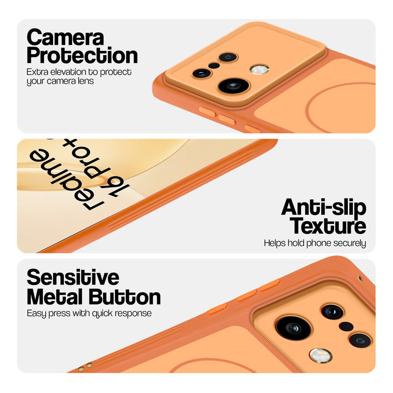 Orange Phone case for Realme 16 Pro Plus 5G highlighting raised camera protection, anti-slip texture, and responsive side buttons