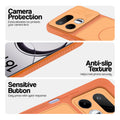 Orange phone case for Realme 16T 5G showing camera safety edges, anti slip side grip and easy press button covers.