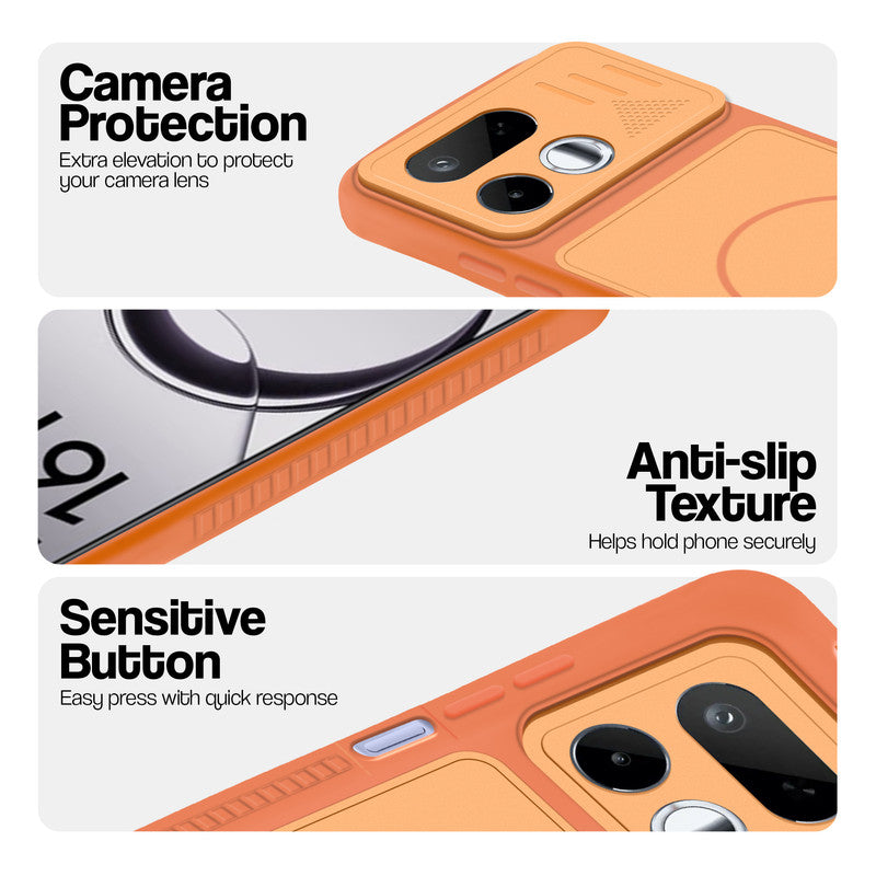 Orange phone case for Realme 16T 5G showing camera safety edges, anti slip side grip and easy press button covers.