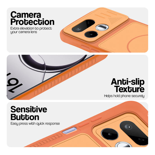 Orange phone case for Realme 16T 5G showing camera safety edges, anti slip side grip and easy press button covers.