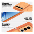 Orange phone case for Realme 16x 5G showing camera safety edges, anti slip side grip and easy press button covers.