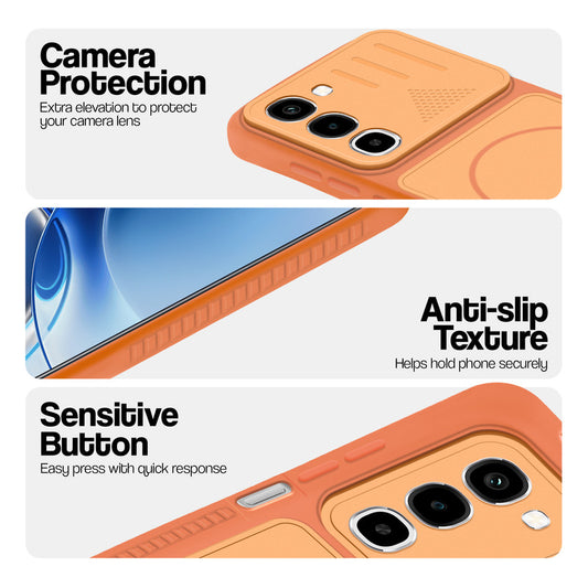 Orange phone case for Realme 16x 5G showing camera safety edges, anti slip side grip and easy press button covers.