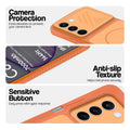 Orange phone case for Realme C83 5G showing camera safety edges, anti slip side grip and easy press button covers.