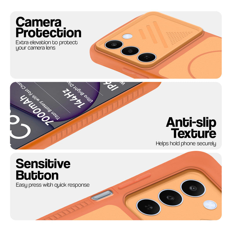 Orange phone case for Realme C83 5G showing camera safety edges, anti slip side grip and easy press button covers.