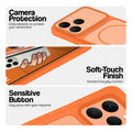 Orange phone case for Realme Narzo 90 5G showing camera safety edges, anti slip side grip and easy press button covers.