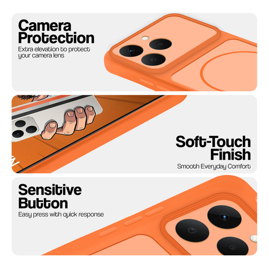 Orange phone case for Realme Narzo 90 5G showing camera safety edges, anti slip side grip and easy press button covers.