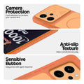 Orange phone case for Realme P4 Power 5G showing camera safety edges, anti slip side grip and easy press button covers.