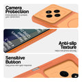 Orange phone case for Redmi 14C 5G showing camera safety edges, anti slip side grip and easy press button covers.