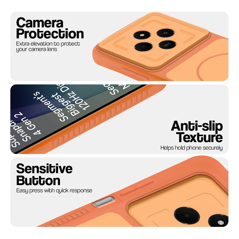 Orange phone case for Redmi 14C 5G showing camera safety edges, anti slip side grip and easy press button covers.