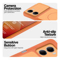 Orange phone case for Redmi 15A 5G showing camera safety edges, anti slip side grip and easy press button covers.