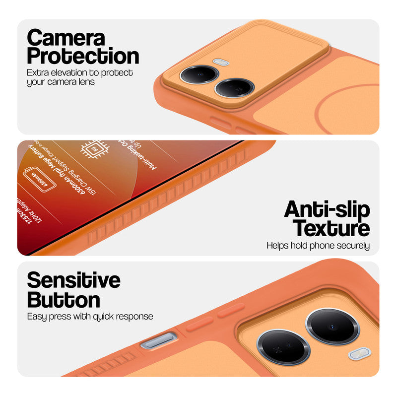 Orange phone case for Redmi 15A 5G showing camera safety edges, anti slip side grip and easy press button covers.