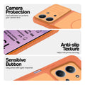 Orange phone case for Redmi 15C 5G showing camera safety edges, anti slip side grip and easy press button covers.