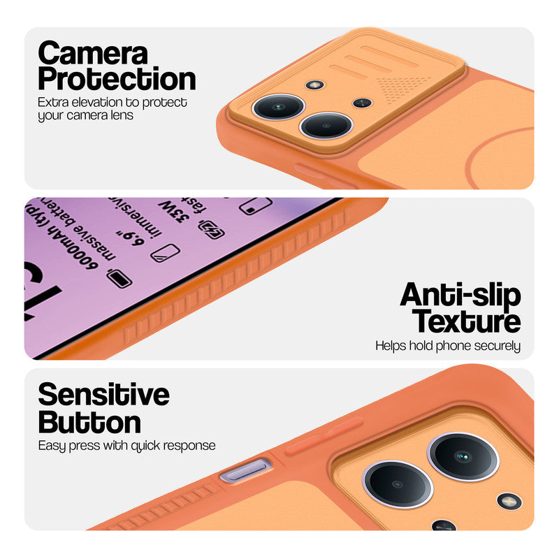 Orange phone case for Redmi 15C 5G showing camera safety edges, anti slip side grip and easy press button covers.