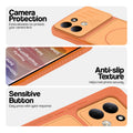 Orange phone case for Redmi 17 5G showing camera safety edges, anti slip side grip and easy press button covers.